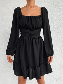 EURMUSE Vestido de cuello cuadrado de manga farol fruncido bajo con fruncido - Negro - Ver 3