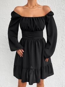 EURMUSE Vestido de cuello cuadrado de manga farol fruncido bajo con fruncido - Negro - Ver 4