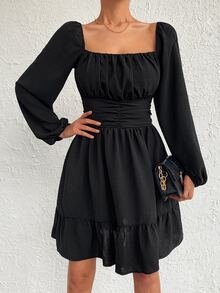 EURMUSE Vestido de cuello cuadrado de manga farol fruncido bajo con fruncido - Negro - Ver 5