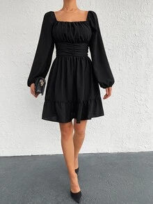 EURMUSE Vestido de cuello cuadrado de manga farol fruncido bajo con fruncido - Negro - Ver 6