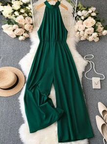 SHEIN Clasi Plus Solid Halter Neck Wide Leg Jumpsuit - Dark Green - View 1