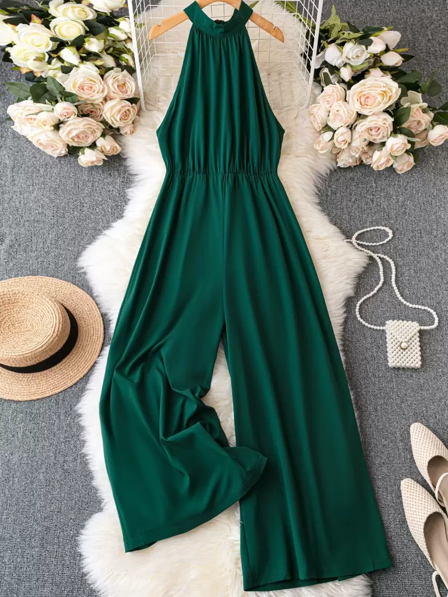 SHEIN Clasi Plus Solid Halter Neck Wide Leg Jumpsuit - Dark Green - View 1