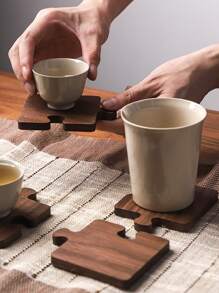 1入組創意木頭七巧板杯墊方形防滑茶杯和咖啡杯託盤地墊絕熱墊 - 棕色 - 查看 4