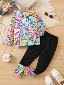 SHEIN 小女童卡通圖案連帽衫和抽褶下擺緊身打底褲 - 彩色 - 查看 1