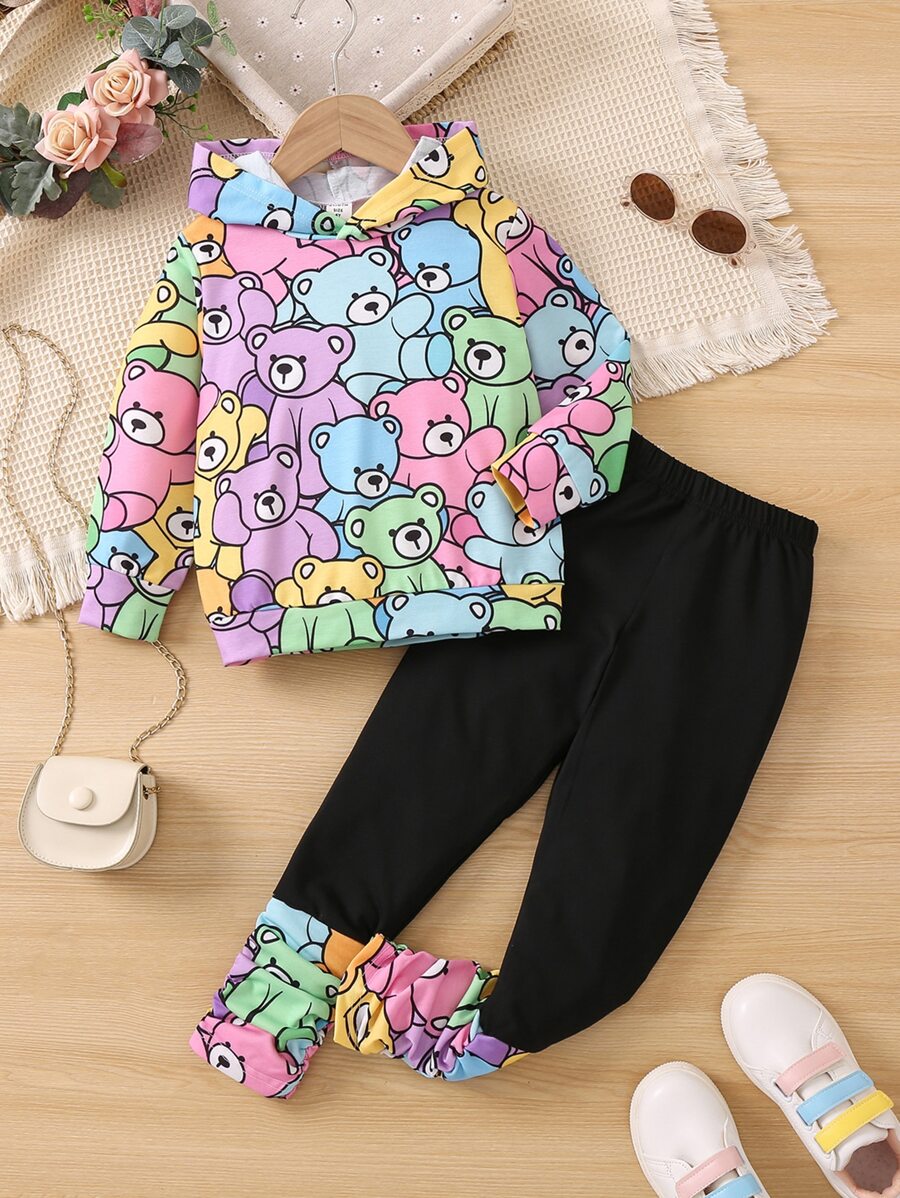 SHEIN 小女童卡通圖案連帽衫和抽褶下擺緊身打底褲 - 彩色 - 查看 1