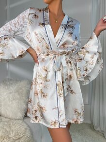 Floral Print Contrast Lace Trumpet Sleeve Belted Satin Sleep Robe - White - View 4