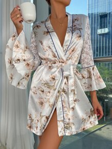 Floral Print Contrast Lace Trumpet Sleeve Belted Satin Sleep Robe - White - View 3