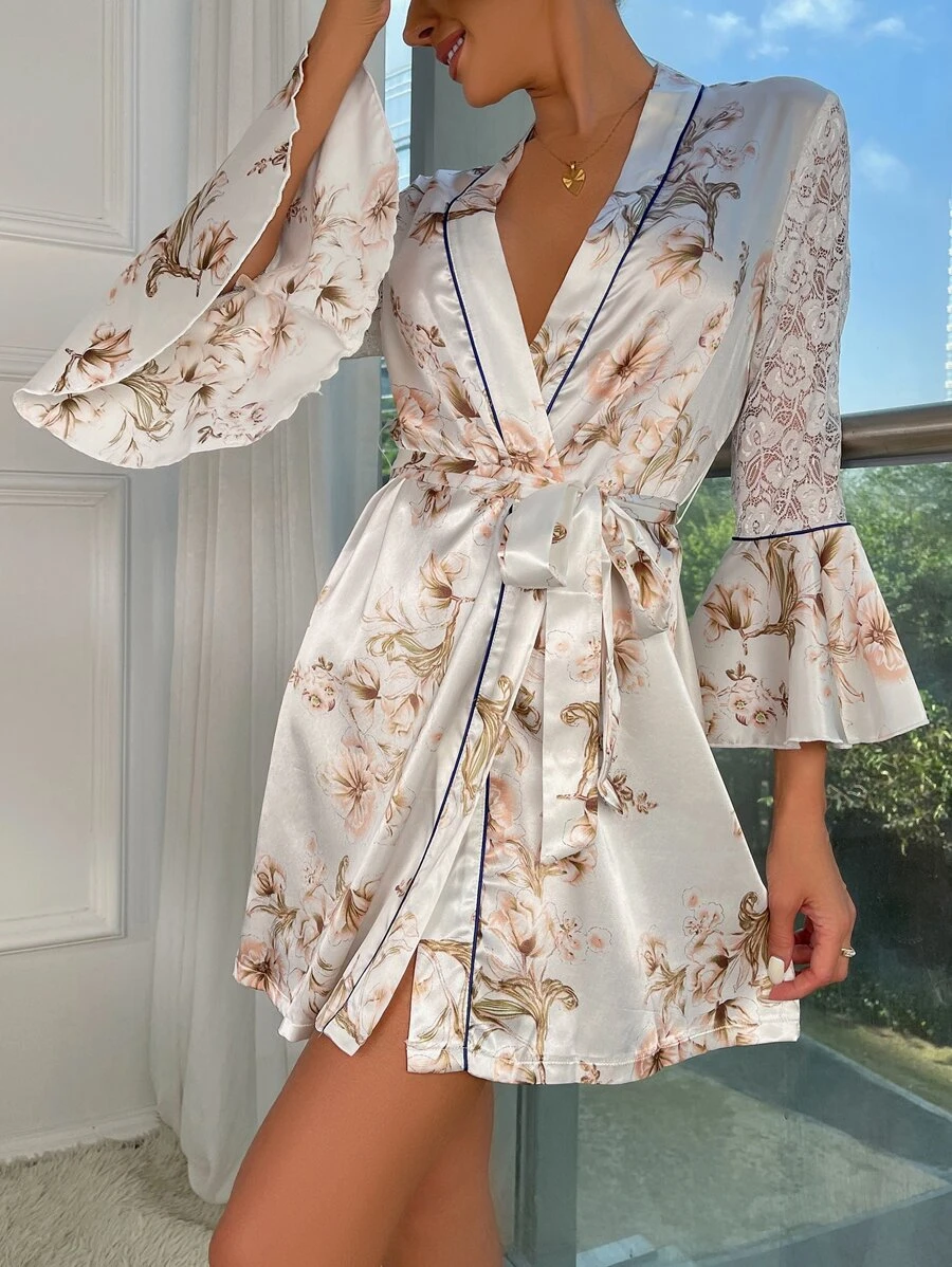 Floral Print Contrast Lace Trumpet Sleeve Belted Satin Sleep Robe - White - View 1