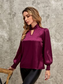 EMERY ROSE Blusa de cuello con abertura de ojo de manga farol - Morado - Ver 3
