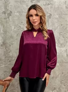 EMERY ROSE Blusa de cuello con abertura de ojo de manga farol - Morado - Ver 1
