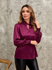 EMERY ROSE Blusa de cuello con abertura de ojo de manga farol - Morado - Ver 4