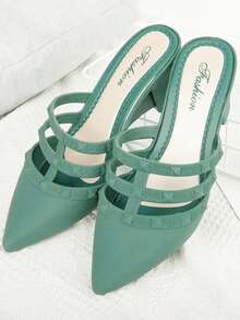 Tacones mules con abertura de punta con tacón grueso - Verde Oscuro - Ver 2