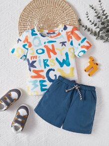 SHEIN Baby Boy Letter Graphic Tee & Drawstring Waist Shorts - Multicolor - View 1