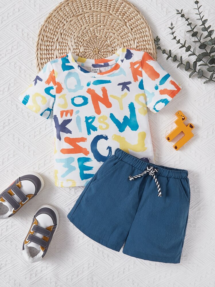 Bebé niño Camiseta con estampado de letra & Shorts de cintura con cordón - Multicolor - Ver 1