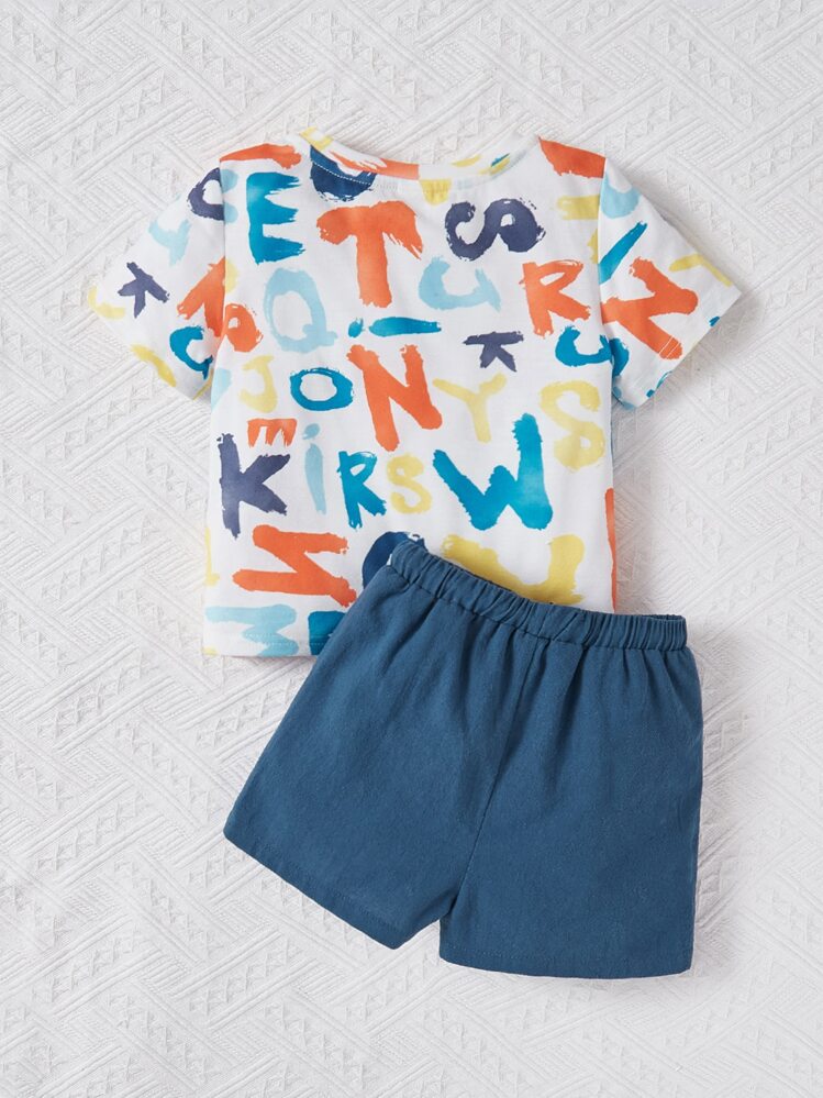 Bebé niño Camiseta con estampado de letra & Shorts de cintura con cordón - Multicolor - Ver 2