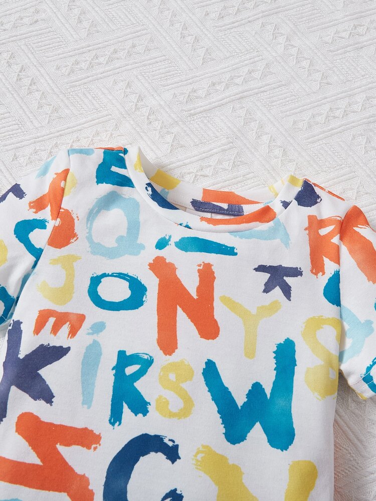 Bebé niño Camiseta con estampado de letra & Shorts de cintura con cordón - Multicolor - Ver 3
