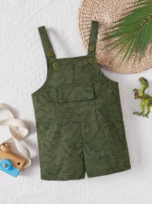 SHEIN Bebé Mono overol con estampado de dinosaurio con bolsillo con solapa - Verde militar - Ver 1