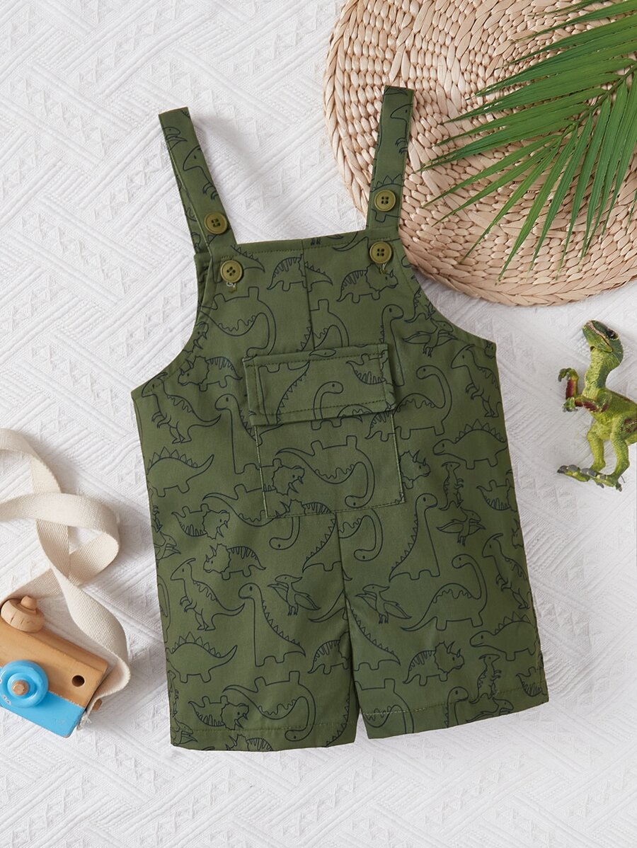 SHEIN Bebé Mono overol con estampado de dinosaurio con bolsillo con solapa - Verde militar - Ver 1