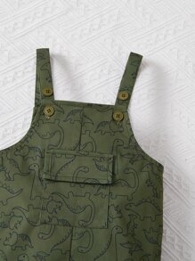 SHEIN Bebé Mono overol con estampado de dinosaurio con bolsillo con solapa - Verde militar - Ver 3