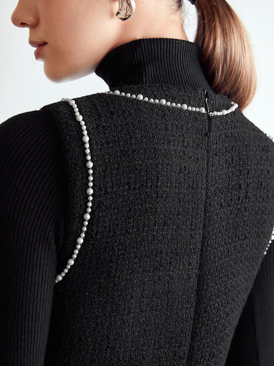 MOTF TWEED PEARLS EMBELLISHED FITTED DRESS