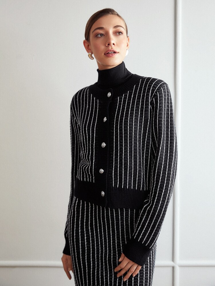 MOTF PREMIUM WOOL-MIX VERTICAL STRIPE CARDIGAN - Black - View 6
