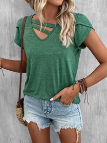SHEIN LUNE Petal Sleeve Cut Out Tee - Green - View 1