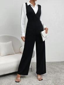 SHEIN LUNE Solid Wrap Detail Slant Pocket Overall Jumpsuit Without Blouse - Black - View 1
