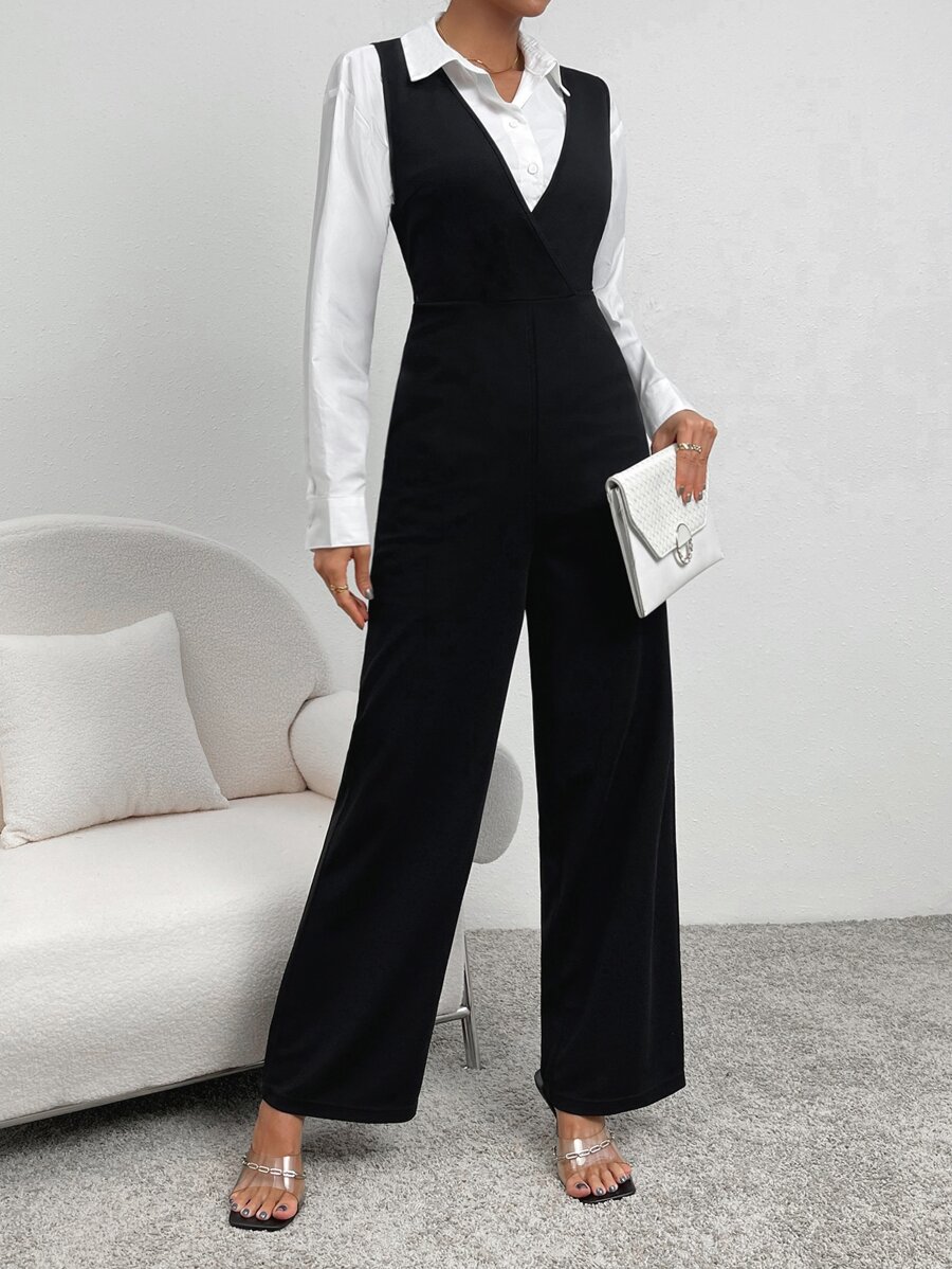 SHEIN LUNE Solid Wrap Detail Slant Pocket Overall Jumpsuit Without Blouse - Black - View 1