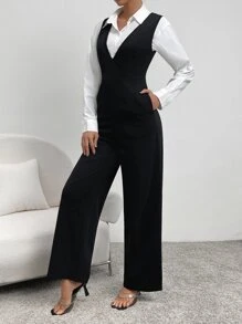 SHEIN LUNE Solid Wrap Detail Slant Pocket Overall Jumpsuit Without Blouse - Black - View 3