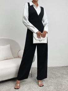 SHEIN LUNE Solid Wrap Detail Slant Pocket Overall Jumpsuit Without Blouse - Black - View 4