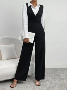 SHEIN LUNE Solid Wrap Detail Slant Pocket Overall Jumpsuit Without Blouse - Black - View 5