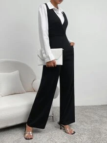 SHEIN LUNE Solid Wrap Detail Slant Pocket Overall Jumpsuit Without Blouse - Black - View 6