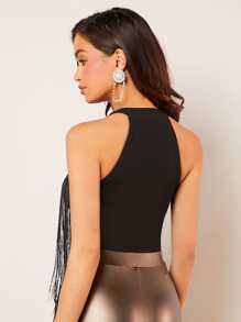 SHEIN BAE Fringe Trim Halter Top - Black - View 2