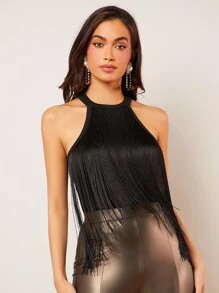 SHEIN BAE Fringe Trim Halter Top - Black - View 3