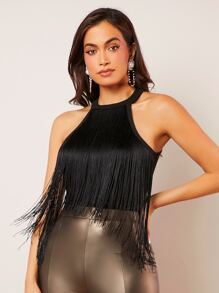 SHEIN BAE Fringe Trim Halter Top - Black - View 1