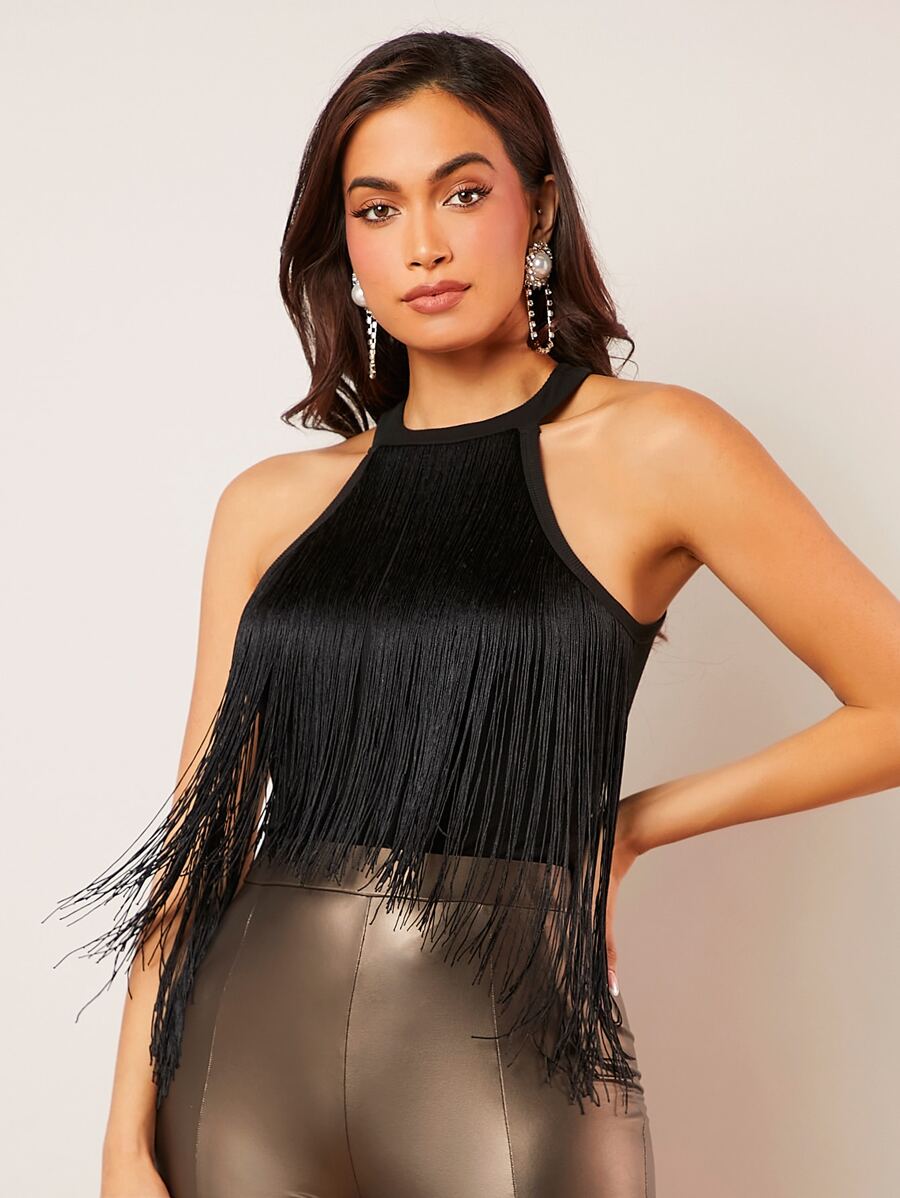 SHEIN BAE Fringe Trim Halter Top - Black - View 1