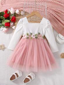 小女童貼花方領泡泡袖網紗邊連衣裙 - 彩色 - 查看 1