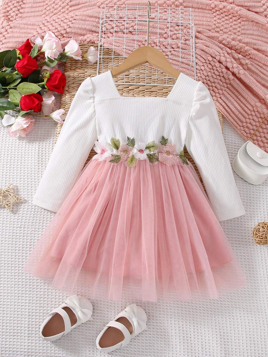 小女童貼花方領泡泡袖網紗邊連衣裙 - 彩色 - 查看 1