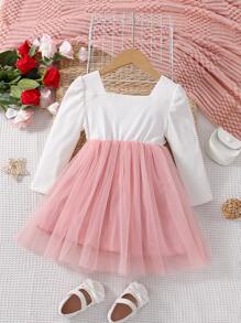 小女童貼花方領泡泡袖網紗邊連衣裙 - 彩色 - 查看 2