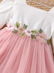 小女童貼花方領泡泡袖網紗邊連衣裙 - 彩色 - 查看 4