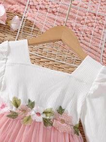 小女童貼花方領泡泡袖網紗邊連衣裙 - 彩色 - 查看 5