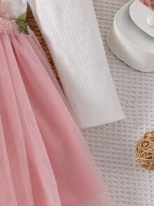 小女童貼花方領泡泡袖網紗邊連衣裙 - 彩色 - 查看 6