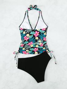 Floral Print Tankini Set Drawstring Side Halter Top & High Waisted Bottom 2 Piece Bathing Suit - Multicolor - View 3