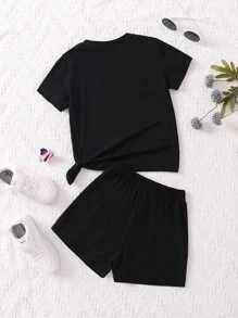 SHEIN 女小童蝴蝶字母圖案休閒短袖圓領T恤和短褲2入組/套適合夏天 - 黑色 - 查看 2