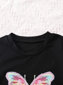 SHEIN 女小童蝴蝶字母圖案休閒短袖圓領T恤和短褲2入組/套適合夏天 - 黑色 - 查看 3