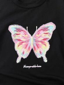 SHEIN 女小童蝴蝶字母圖案休閒短袖圓領T恤和短褲2入組/套適合夏天 - 黑色 - 查看 4