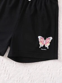 SHEIN 女小童蝴蝶字母圖案休閒短袖圓領T恤和短褲2入組/套適合夏天 - 黑色 - 查看 5