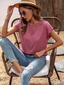 SHEIN LUNE Solid Contrast Lace Batwing Sleeve Tee - Pink - View 5