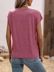 SHEIN LUNE Solid Contrast Lace Batwing Sleeve Tee - Pink - View 2