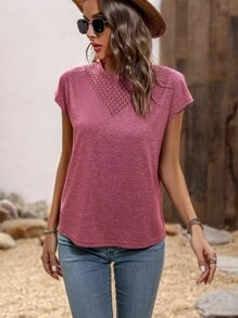 SHEIN LUNE Solid Contrast Lace Batwing Sleeve Tee - Pink - View 6